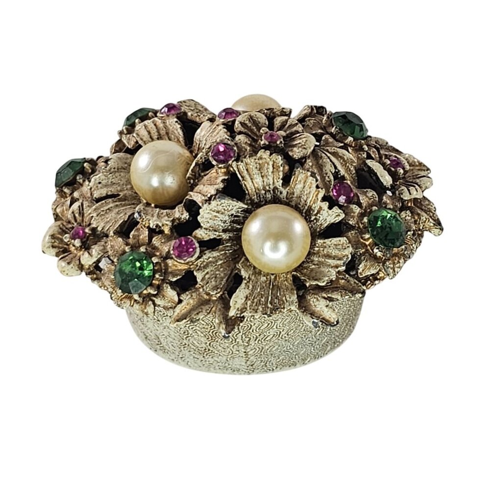 Vintage Florenza Gold-Toned Floral Basket Trinket Box Faux Pearls Rhinestones